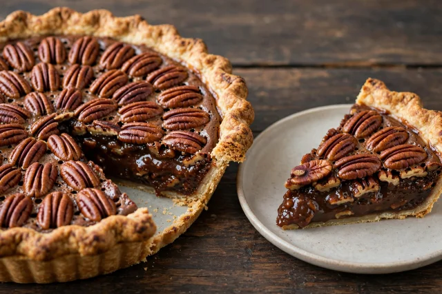 Chocolate pecan pie with flaky crust
