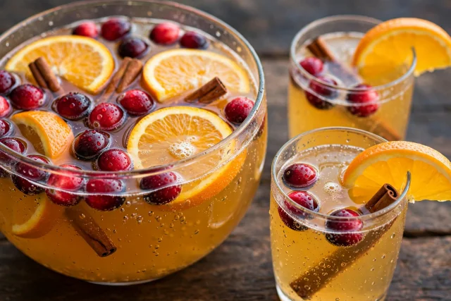 Sparkling apple cider punch with cranberries and orange