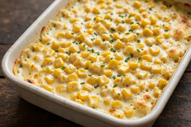 Creamed corn with chives in a baking dish