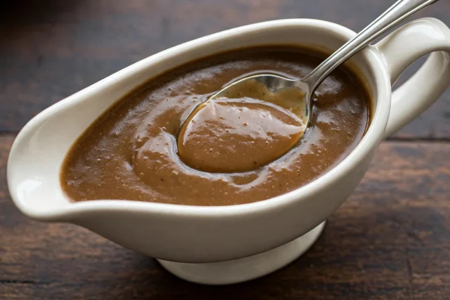 Easy smooth turkey gravy in a gravy boat