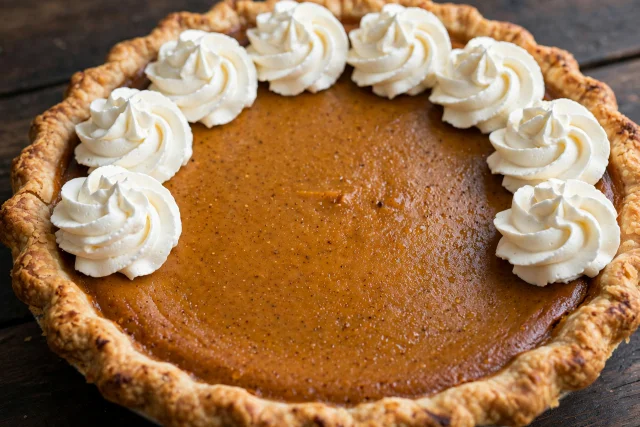 Pumpkin pie with whipped cream in flaky crust