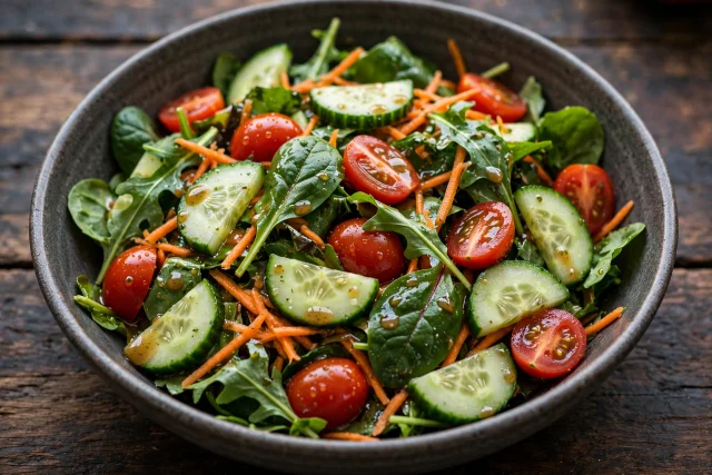 Simple dinner salad with greens cucumber and tomatoes