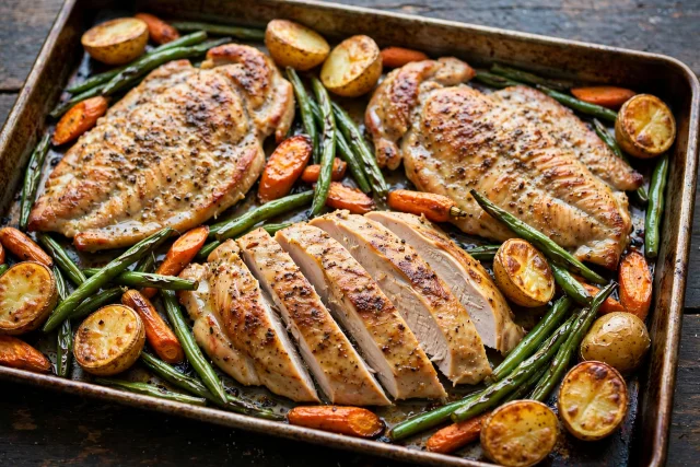 Sheet pan turkey dinner with potatoes beans and carrots