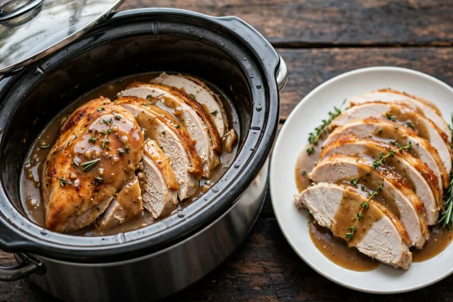 Slow cooker turkey breast sliced with herbs and gravy