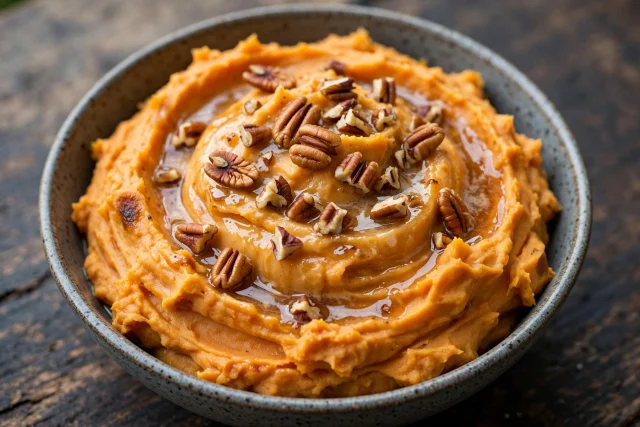 Mashed sweet potatoes with brown butter and pecans