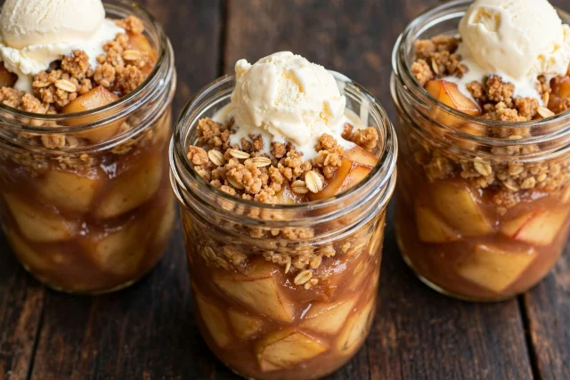 Mason jar apple crisps with oat topping and ice cream