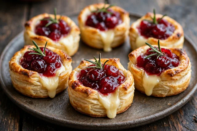 Cranberry brie bites in puff pastry with rosemary