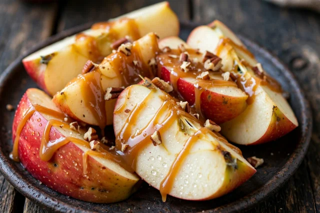 Caramel apple wedges with chopped pecans