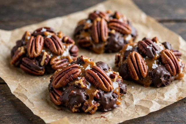 Chocolate pecan clusters with caramel and sea salt