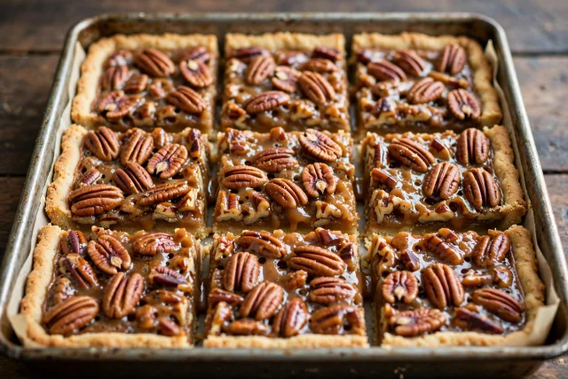 Pecan pie bars with gooey filling on shortbread crust