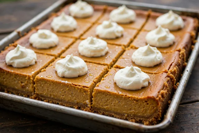 Pumpkin cheesecake bars with whipped cream on graham crust