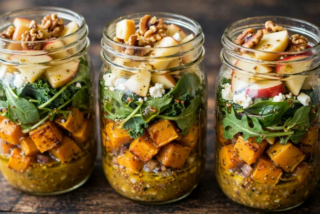 Fall harvest salad jars with squash apples and walnuts