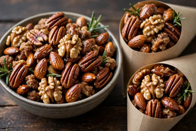 Spiced mixed nuts with rosemary and brown sugar glaze