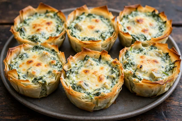 Spinach artichoke cups in phyllo shells with parmesan