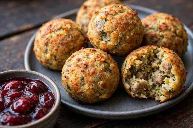 Sausage stuffing balls with cranberry dipping sauce