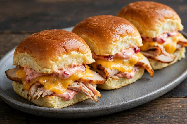 Turkey and cheese sliders with cranberry mayo on dinner rolls