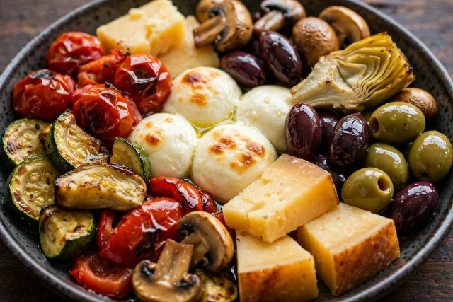 Antipasto platter with meats cheeses and olives
