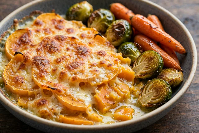 Butternut squash gratin with melted cheese and breadcrumbs