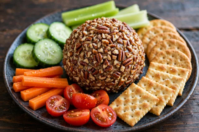 Holiday cheese ball rolled in pecans with crackers