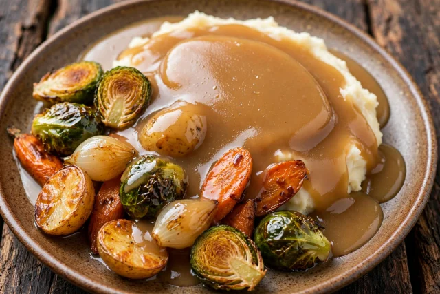 Apple cider gravy poured from a gravy boat over sliced turkey