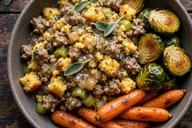 Cornbread dressing with herbs and celery in a white serving bowl