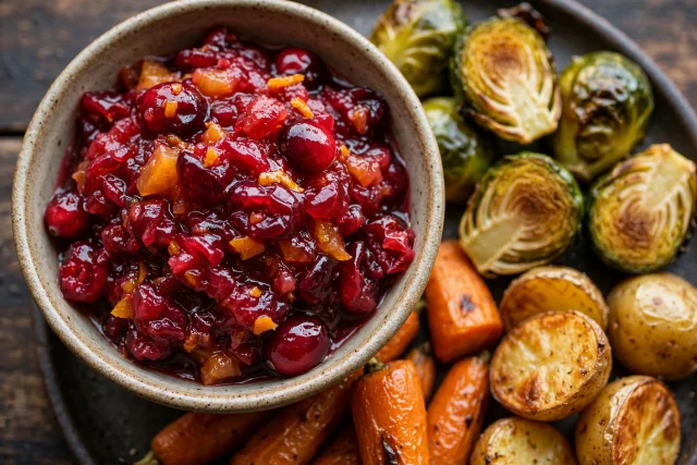 Fresh cranberry orange relish with zest in a glass bowl
