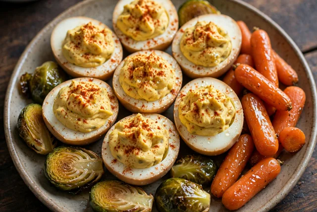 Deviled eggs with paprika and chives on a platter