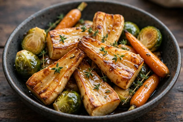 Honey roasted parsnips with thyme on a platter