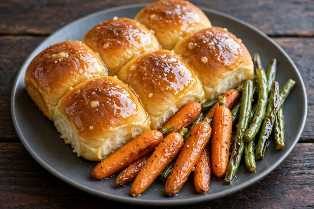 Soft honey butter dinner rolls piled in a basket