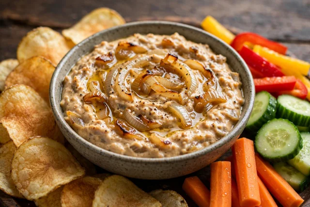 Caramelized onion dip with thyme and potato chips