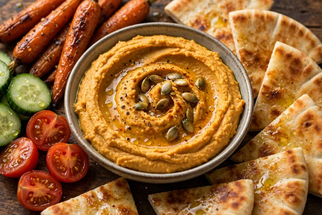 Pumpkin hummus with paprika oil and pita chips