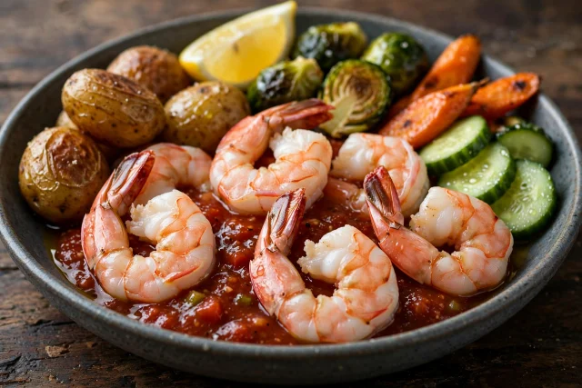 Shrimp cocktail with lemon and cocktail sauce