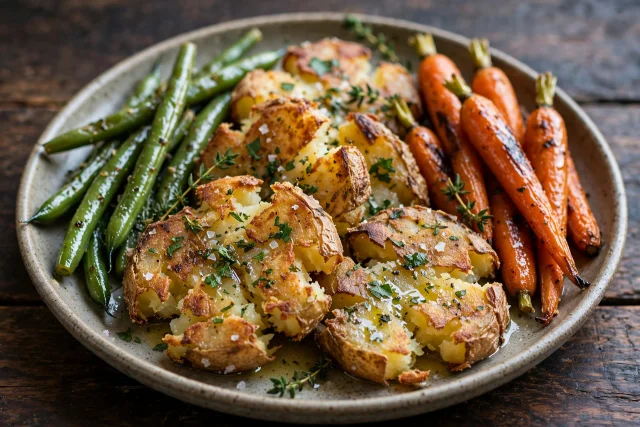 Crispy smashed potatoes with rosemary and sea salt on a tray