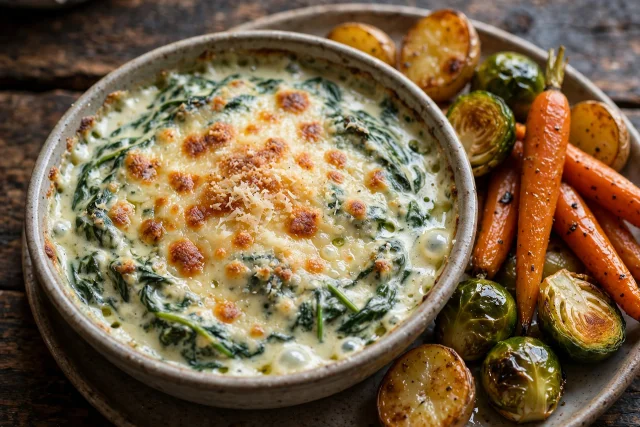 Creamed spinach gratin with golden cheese crust