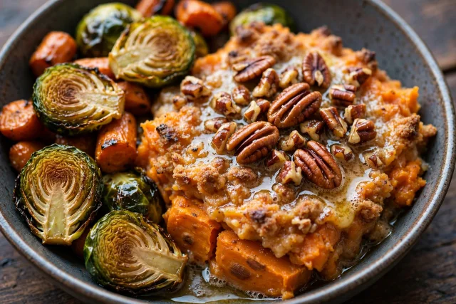 Sweet potato casserole with toasted marshmallow topping in a baking dish