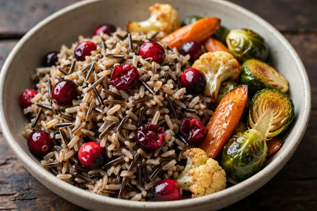 Wild rice pilaf with mushrooms and toasted pecans
