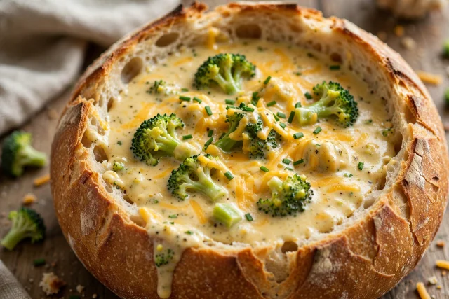 Cheddar broccoli chowder lunch in bread bowl