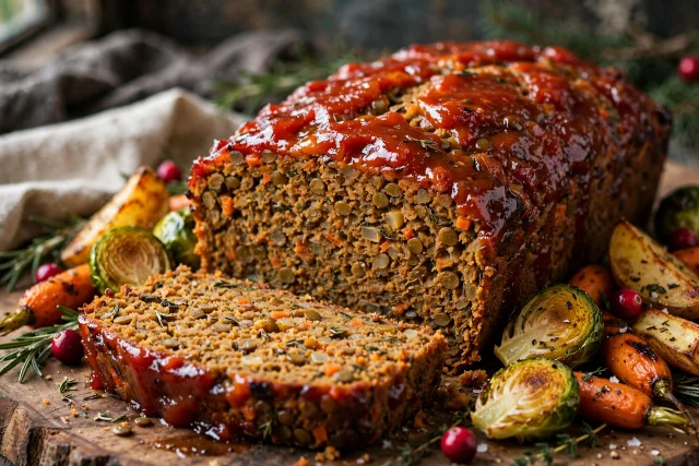 Lentil loaf dinner with tomato glaze
