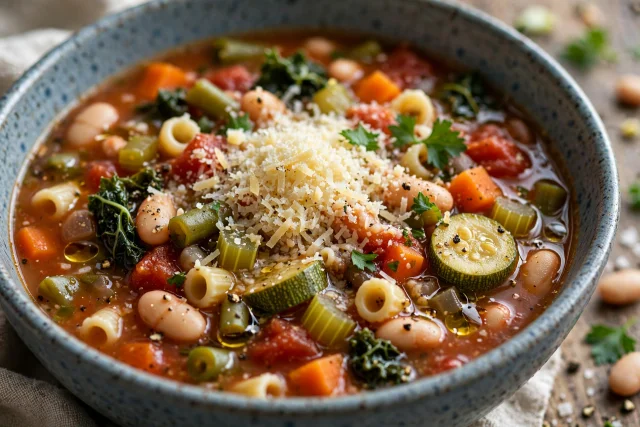 Minestrone lunch with parmesan and beans