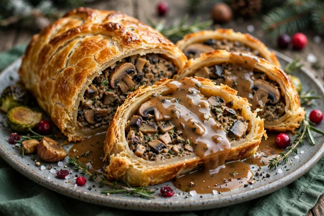 Mushroom wellington dinner with vegetarian gravy