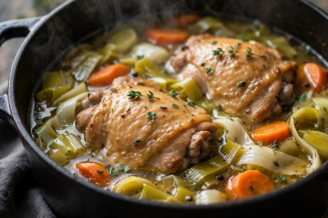 Braised chicken dinner with leeks