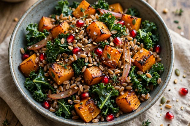 Roasted squash salad lunch with farro