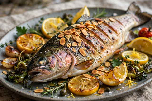 Baked trout dinner with almonds