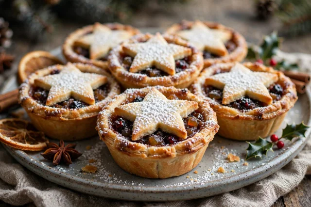 Mince pies with star tops and powdered sugar