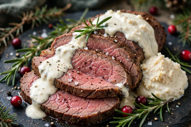 Roast beef with horseradish cream and rosemary