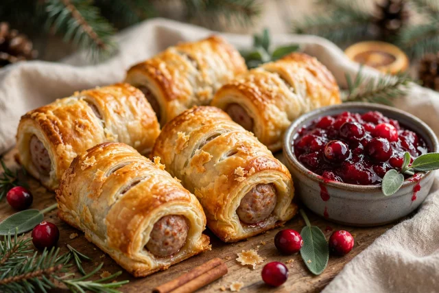 Sausage rolls with sage and cranberry sauce