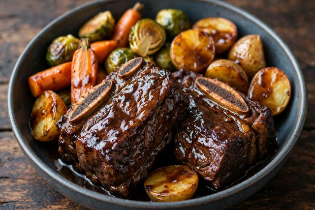 Balsamic beef short ribs glazed with potatoes