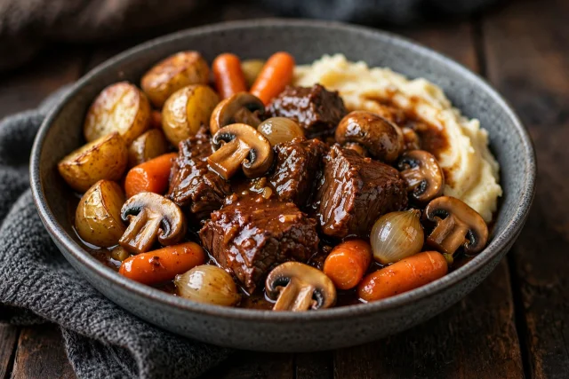Beef bourguignon with mushrooms and pearl onions