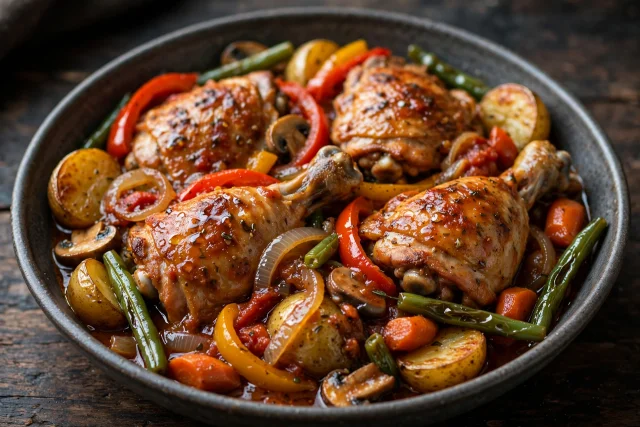 Chicken cacciatore with peppers mushrooms and tomatoes