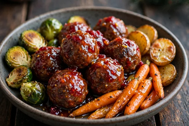 Cranberry meatballs with orange glaze and vegetables